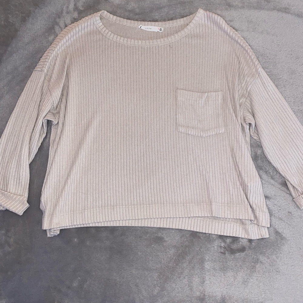 Beige Ribbed Long Sleeve Top